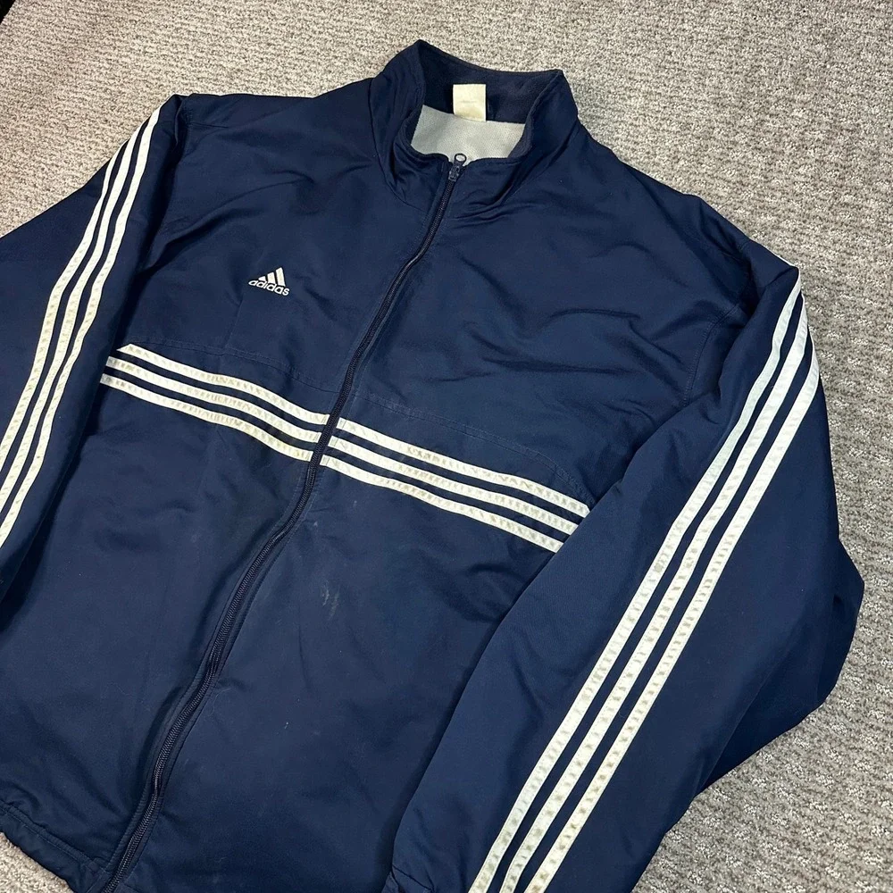 Vintage Adidas Navy Blue 3-Stripe Full Zip Track Jacket Mens XXL AQ9002 2003